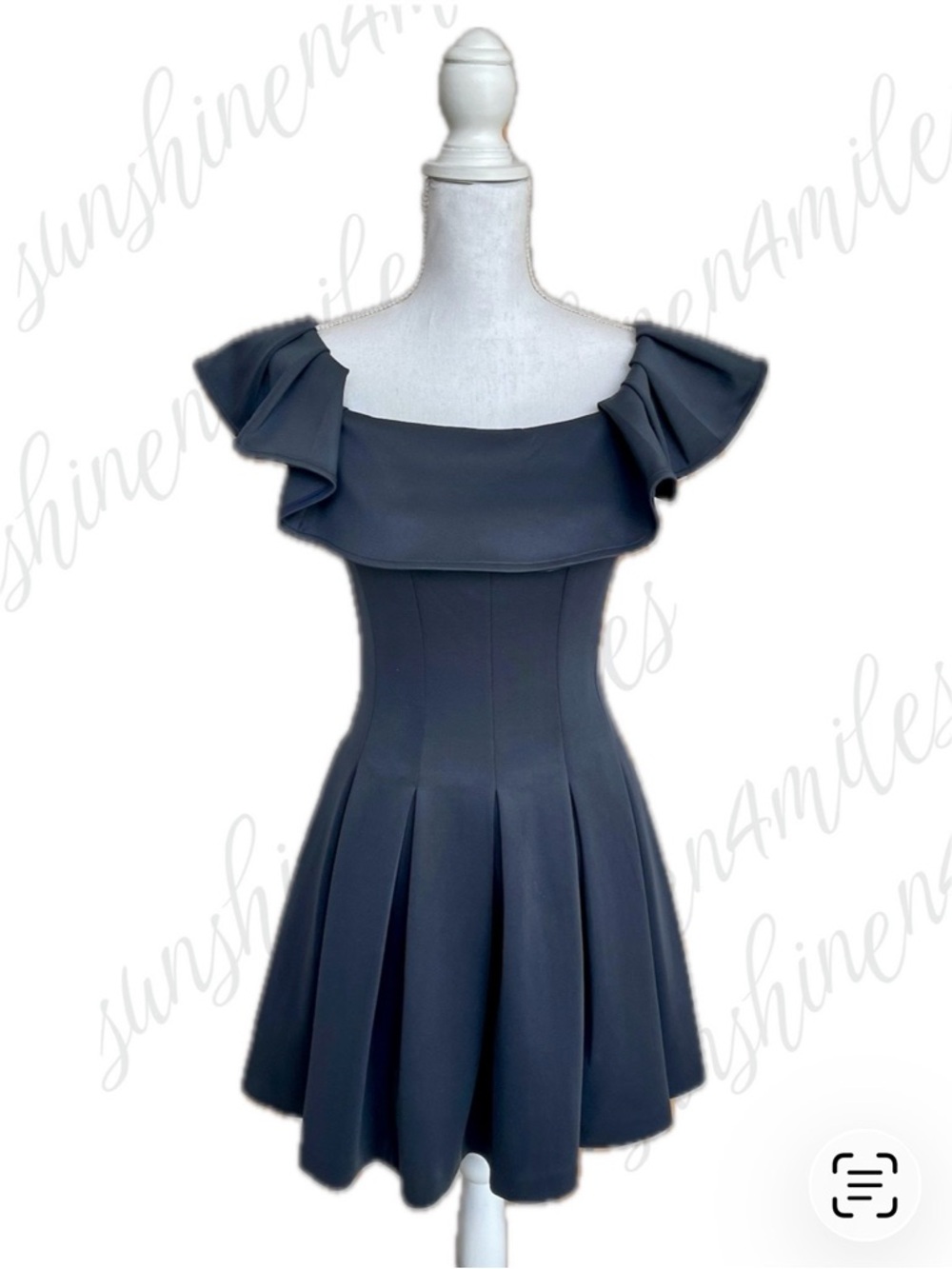 HALSTON Navy Blue A-Line Ruffle Off-Shoulder Box Pleated Mini Evening Dress
